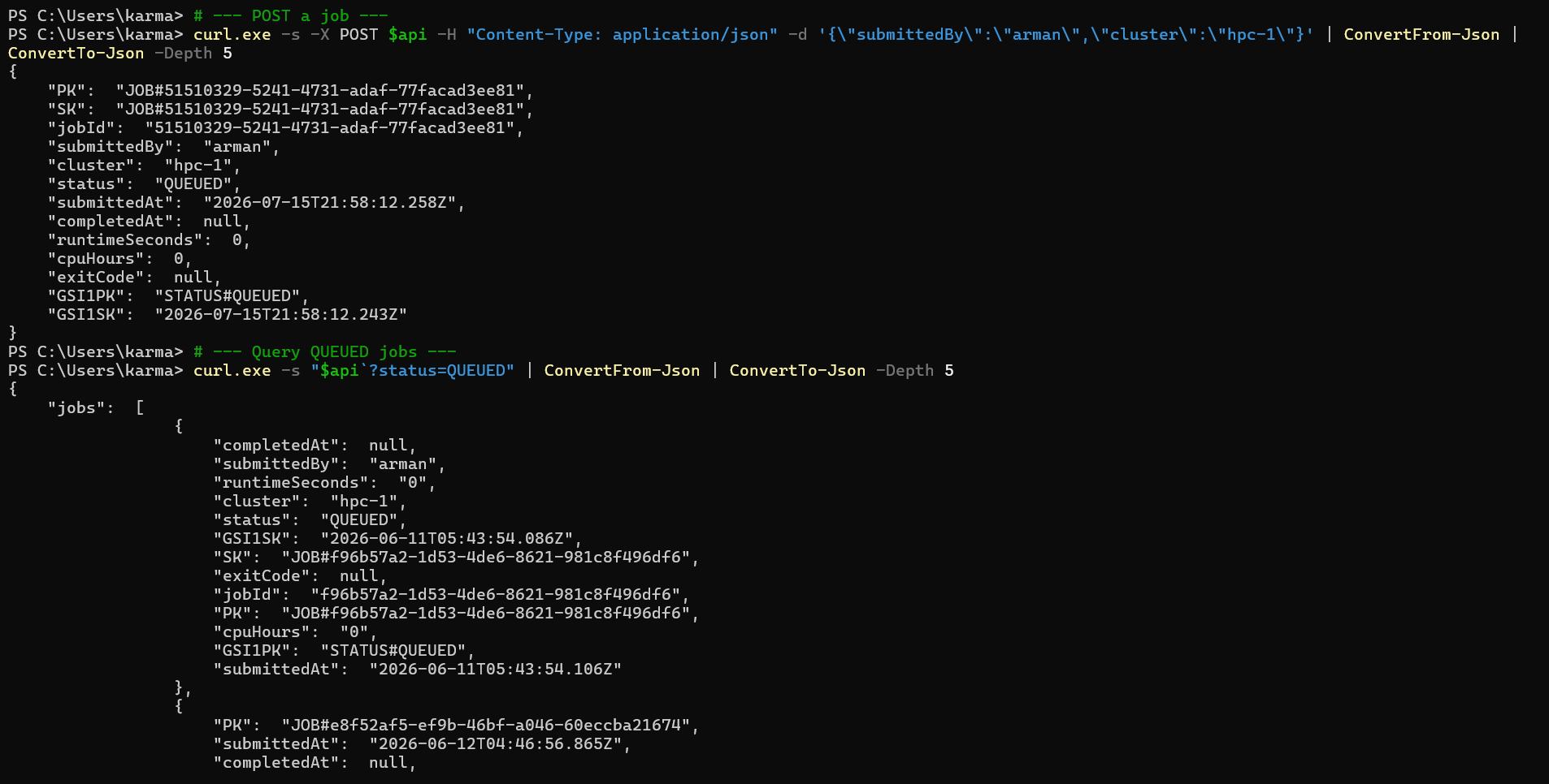 compute-job-metrics API: posting and querying jobs via terminal