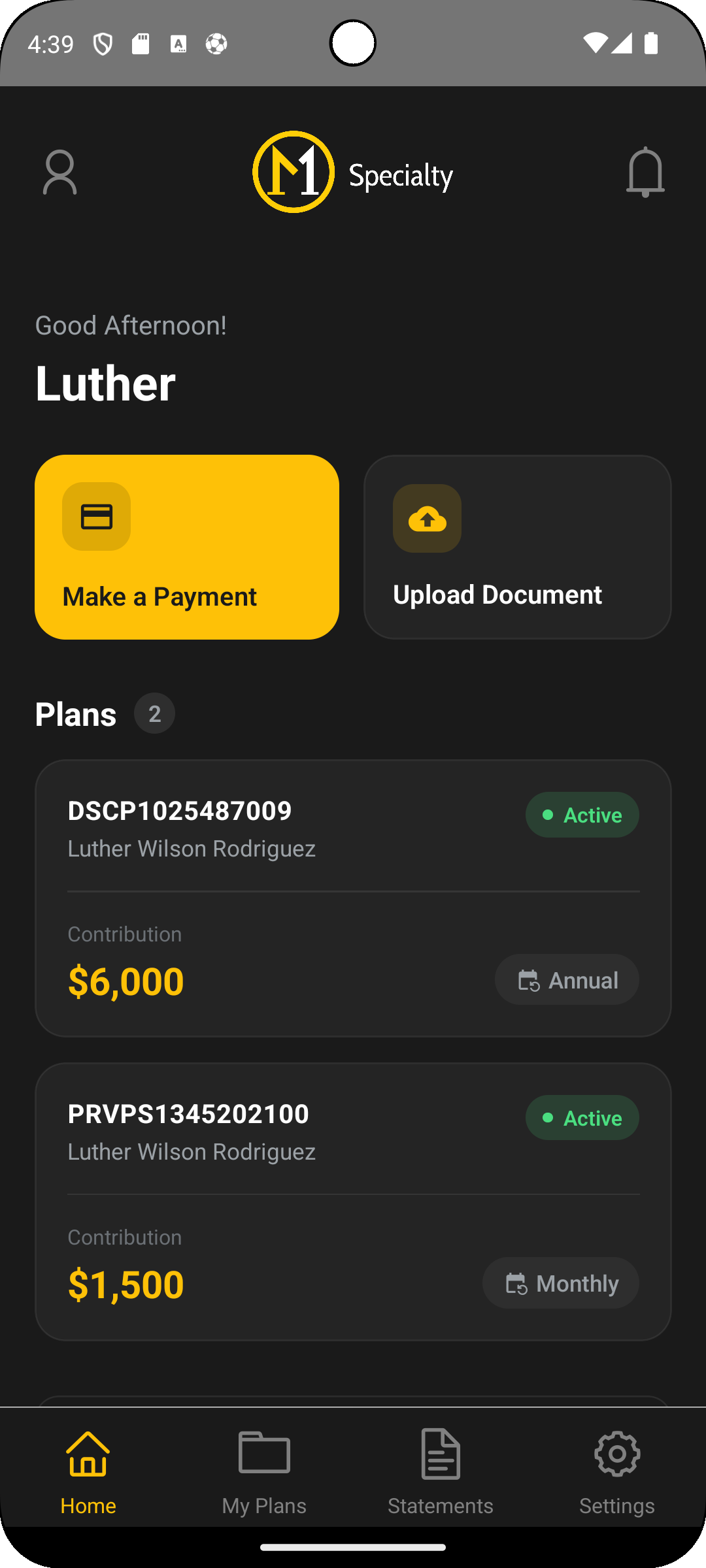 Customer portal home screen
