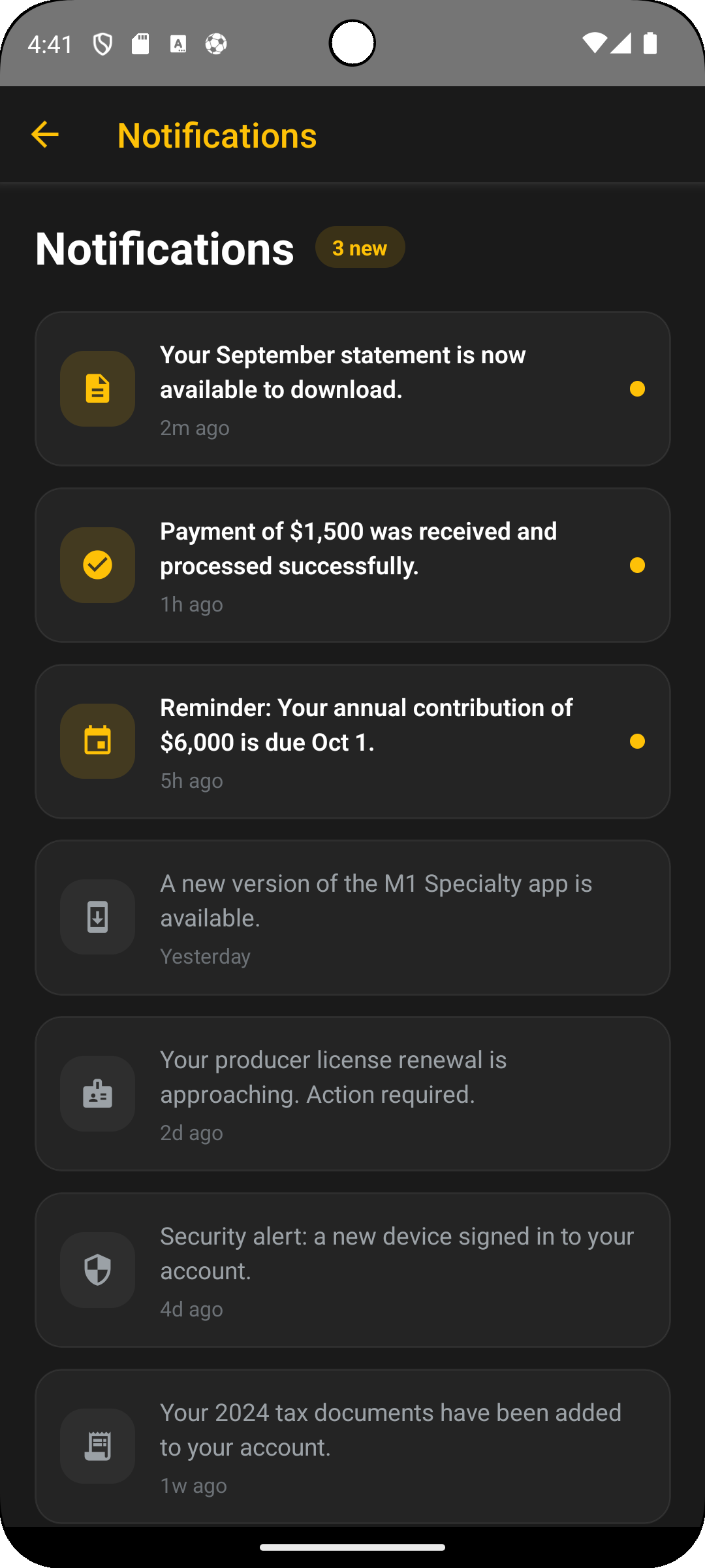 Customer portal notifications screen